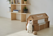 Verpakking designtelevisies Samsung snel om te bouwen tot tijdschriftenrek of slaapplek voor de kat
