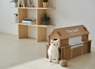 Verpakking designtelevisies Samsung snel om te bouwen tot tijdschriftenrek of slaapplek voor de kat